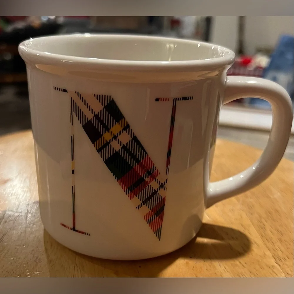 Pottery Barn Monogram Initial Mug Coffee Tea Letter N Plaid Tartan Holiday